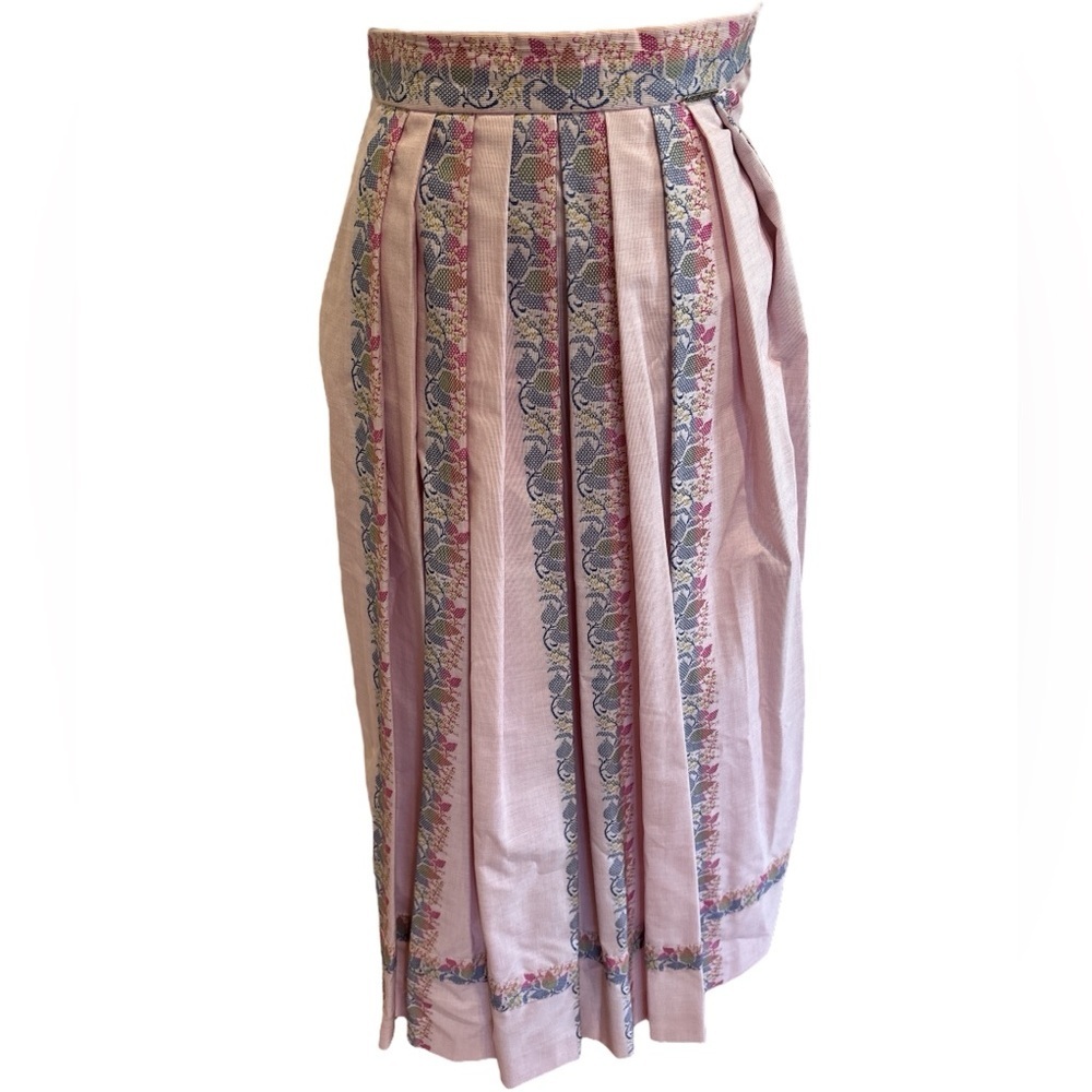 90s GEIGER AUSTRIA PINK & BLUE FLORAL STRIPE PLEAT HIGH WAIST MIDI SKIRT SZ XXS - Picture 4 of 10